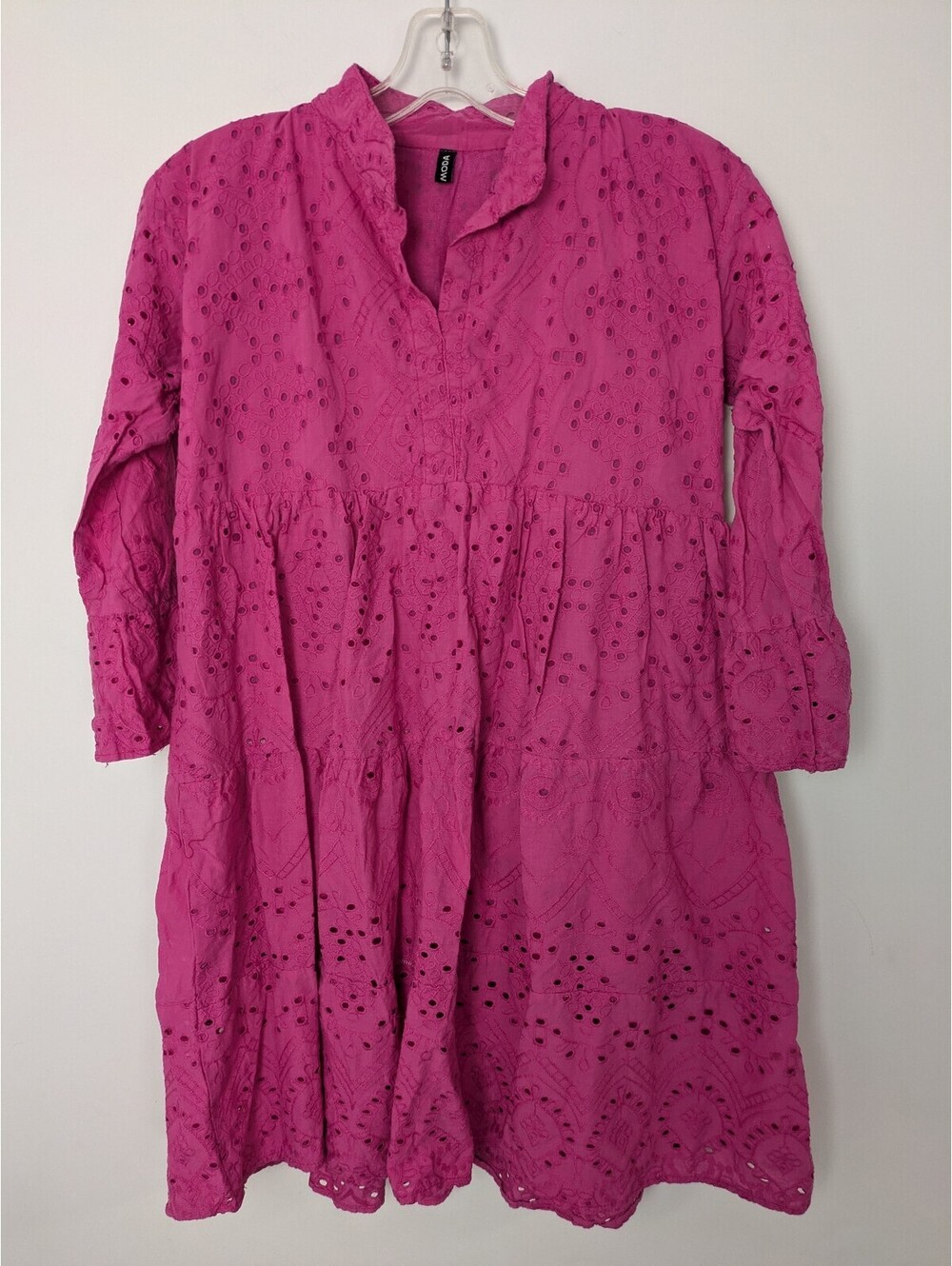 Moda Fuchsia Hot Pink Eyelet Embroidered Tiered Babydoll Tunic Dress